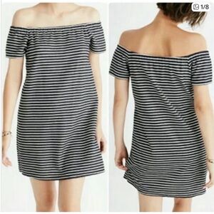 Madewell M Striped Melody Off The Shoulder Shift Dress Blue Cream